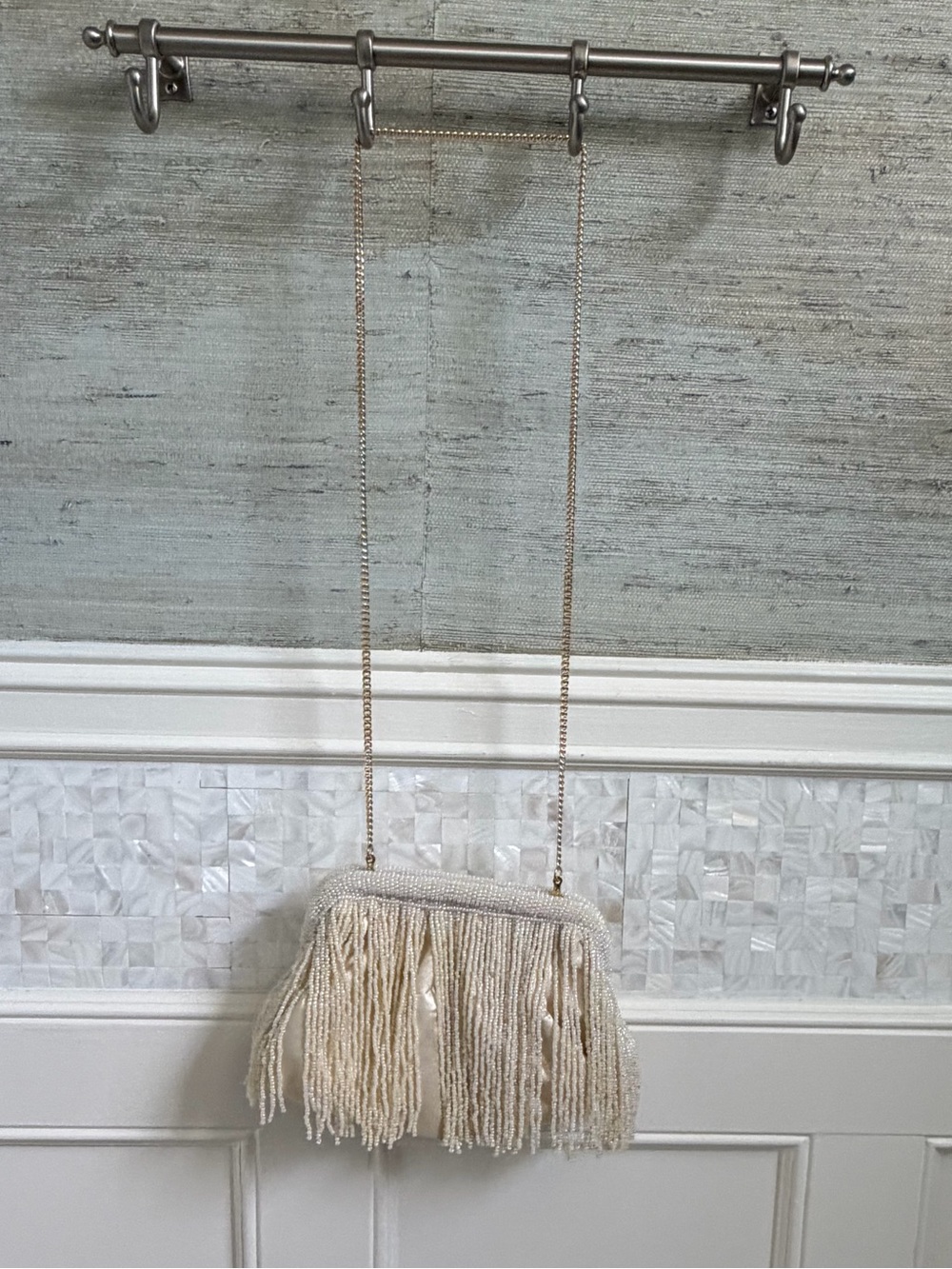 NWOT new beaded long Fringe clutch crossbody bag chain white cream wedding